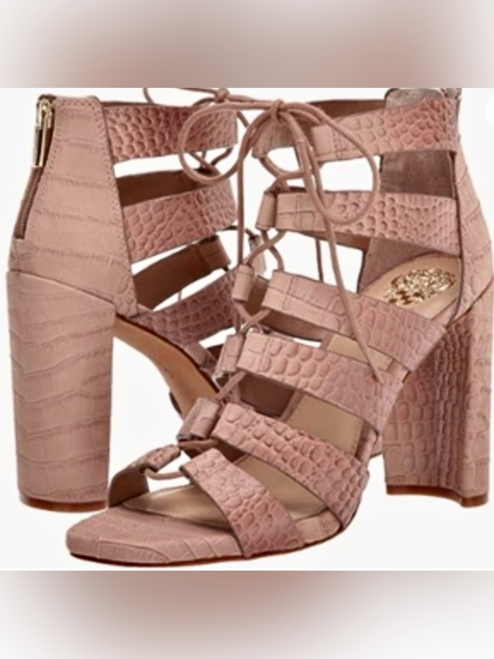 Vince Camuto Blush Croc-Embossed Lace-Up Block Heel Sandals 2N photo true color